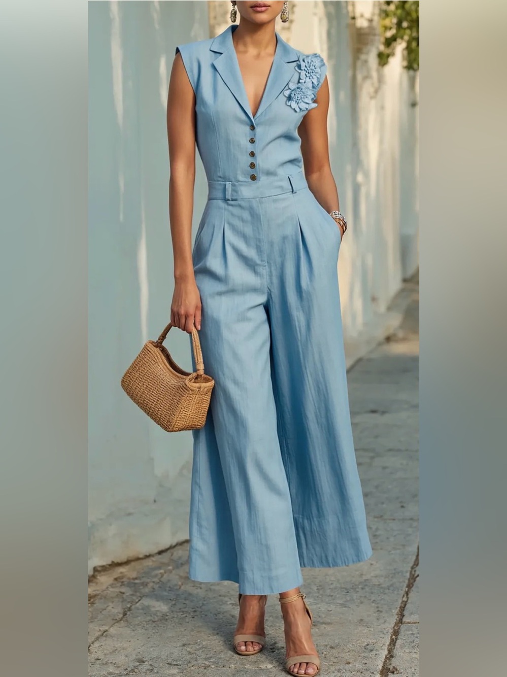 Sleeveless Light Blue Button-Front Wide-Leg Jumpsuit #175